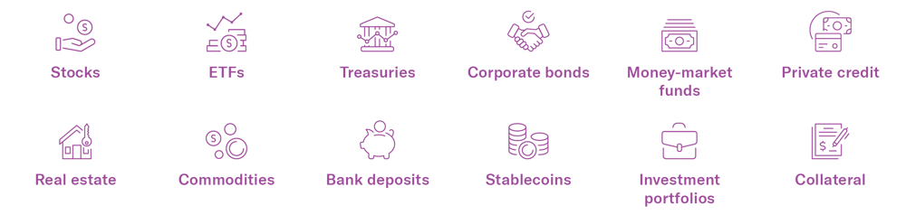 Assets that could move onto blockchain-based infrastructure: stocks, ETFs, Treasuries, corporate bonds, money-market funds, private credit, real estate, commodities, bank deposits, stablecoins, investment portfolios and collateral